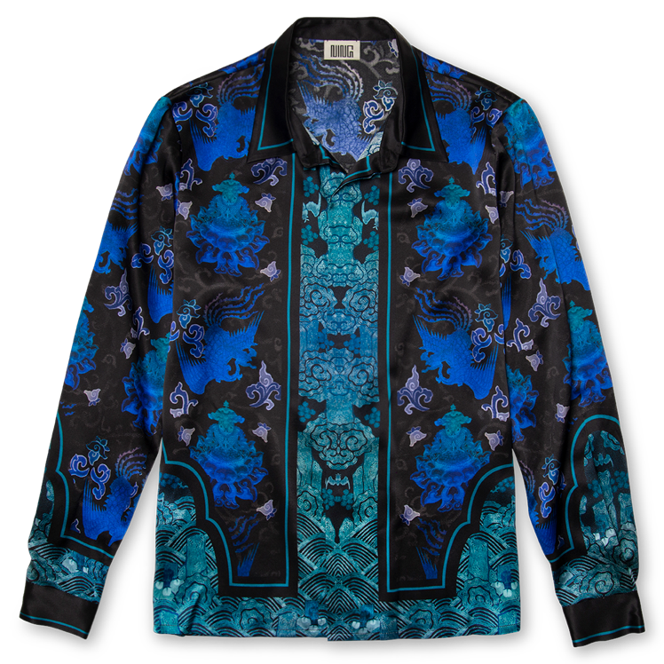 Long-Sleeved Traditional Silk Shirt in Blue