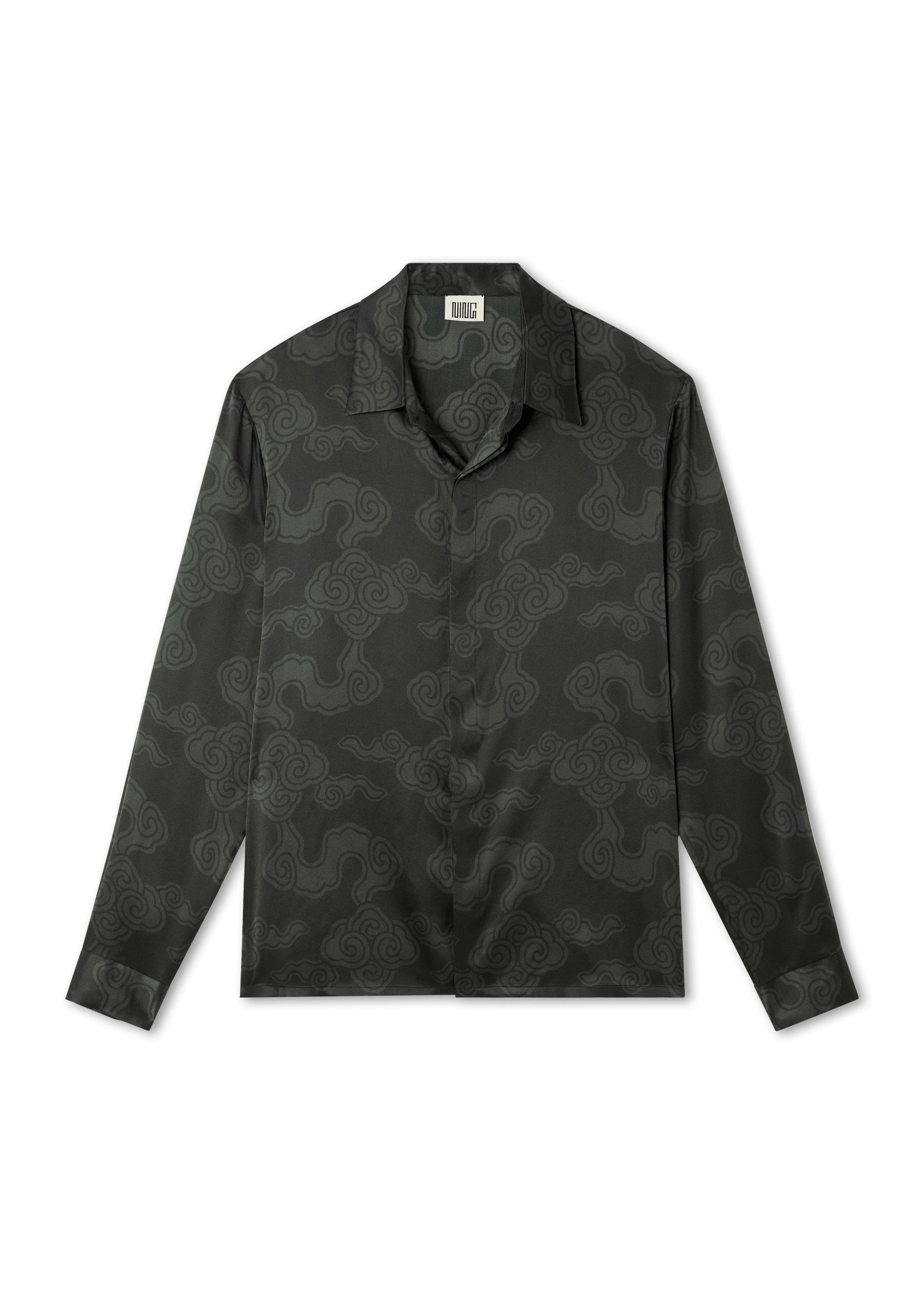 90s USA label silk×linen s/s shirt BLK Long Sleeve Imperial Clouds Silk Shirt - Ning-dynasty.com