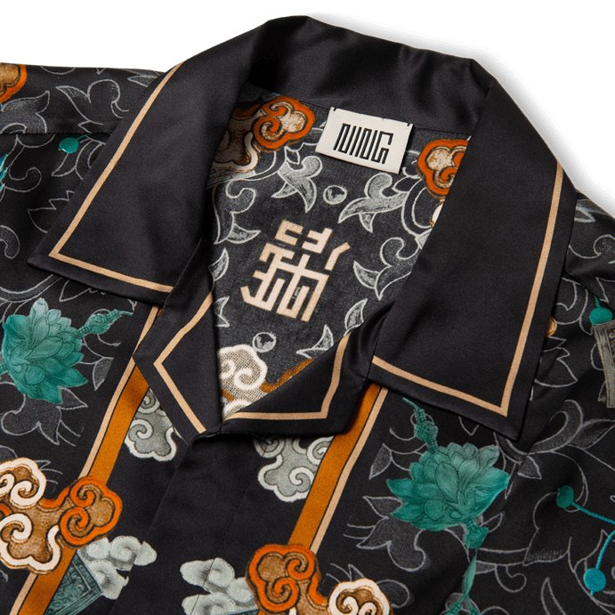 Short-Sleeved Traditional Silk Shirt in Black