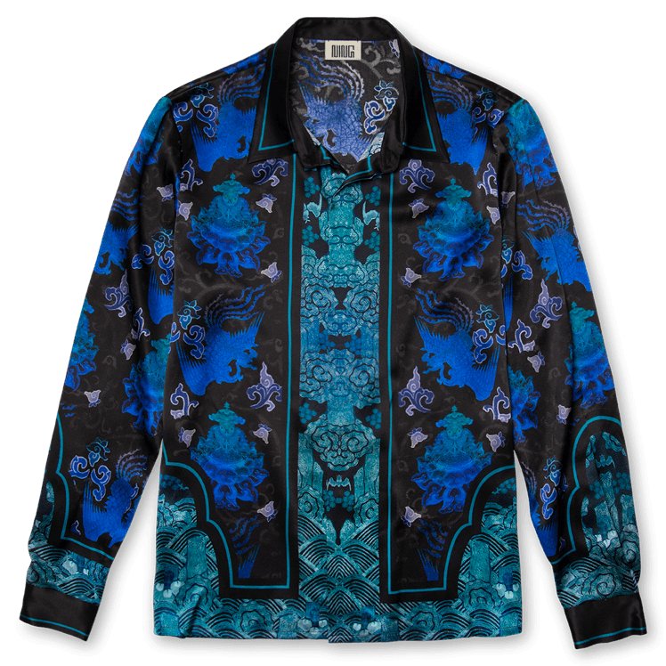 Long-Sleeved Traditional Silk Shirt in Blue